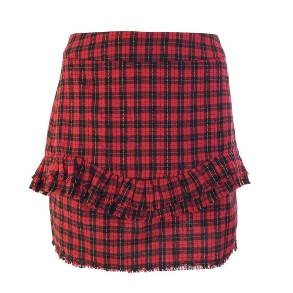 SEEK The Label Red Buffalo Flannel Plaid Ruffled Fringed Edge Mini Skirt XS - Picture 1 of 6